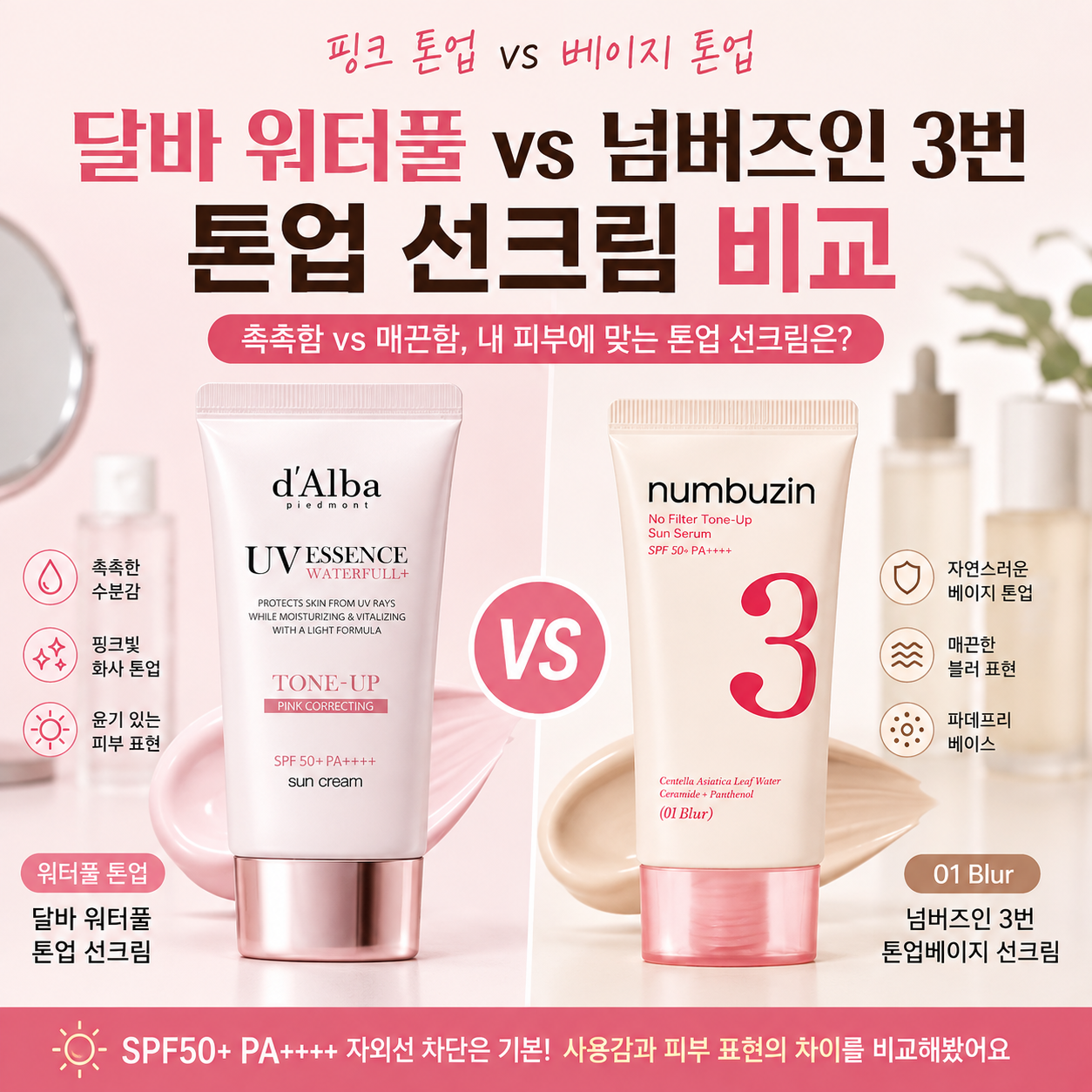 톤업 선크림 비교｜달바 vs 넘버즈인, 핑크톤업·베이지톤업 차이는?