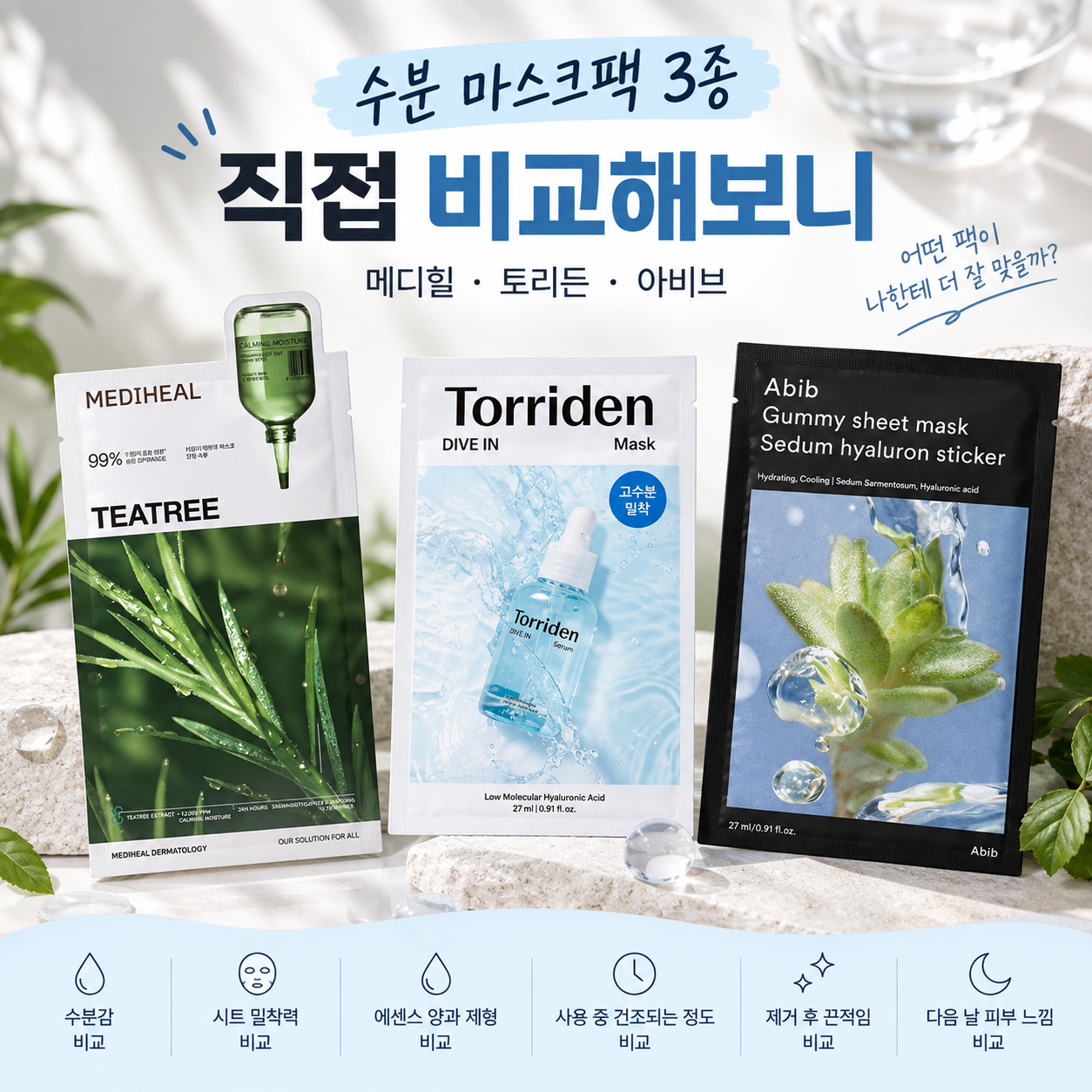 수분 마스크팩 3종 비교｜메디힐·토리든·아비브 직접 비교해보니